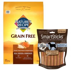 Nature's Recipe||SmartBones Nature's Recipe Grain-Free Chicken, Sweet Potato & Pumpkin Recipe Dry Food + SmartBones SmartSticks Peanut Butter Chews Dog Treats