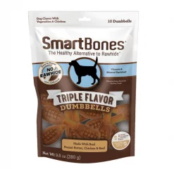 SmartBones Triple Flavor Dumbbells Real Peanut Butter, Chicken & Beef Dog Treats, 10 count
