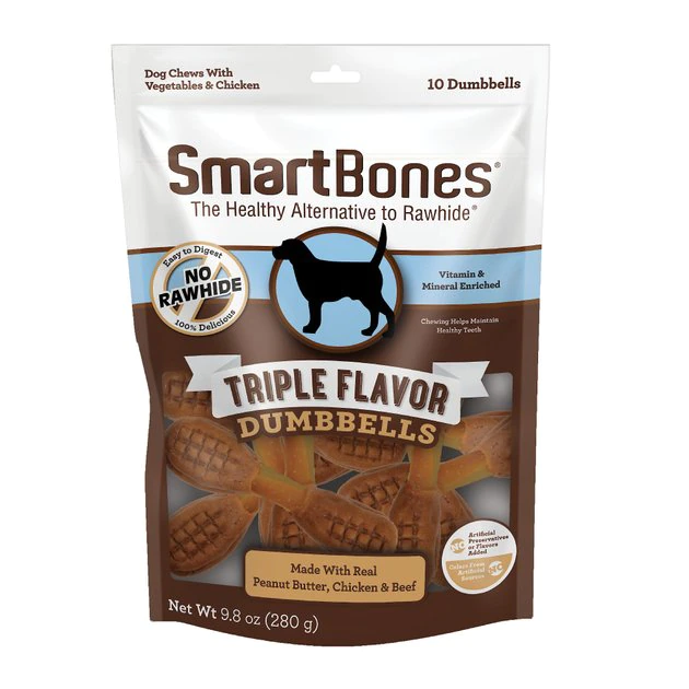 SmartBones Triple Flavor Dumbbells Real Peanut Butter, Chicken & Beef Dog Treats, 10 count 3 SmartBones Triple Flavor Dumbbells Real Peanut Butter, Chicken & Beef Dog Treats, 10 count