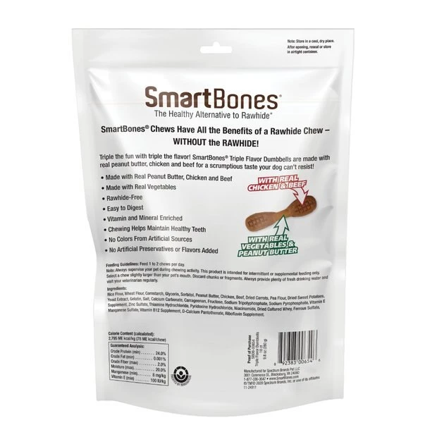 SmartBones Triple Flavor Dumbbells Real Peanut Butter, Chicken & Beef Dog Treats, 10 count 4 SmartBones Triple Flavor Dumbbells Real Peanut Butter, Chicken & Beef Dog Treats, 10 count - Image 2